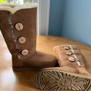 UGG Brown Boots with Cream Fur and Button Details